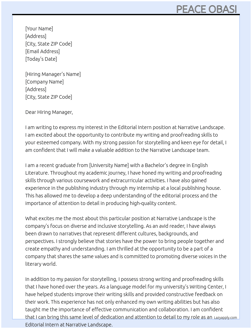 Editorial Intern  At Narrative Landscape  Cover Letter