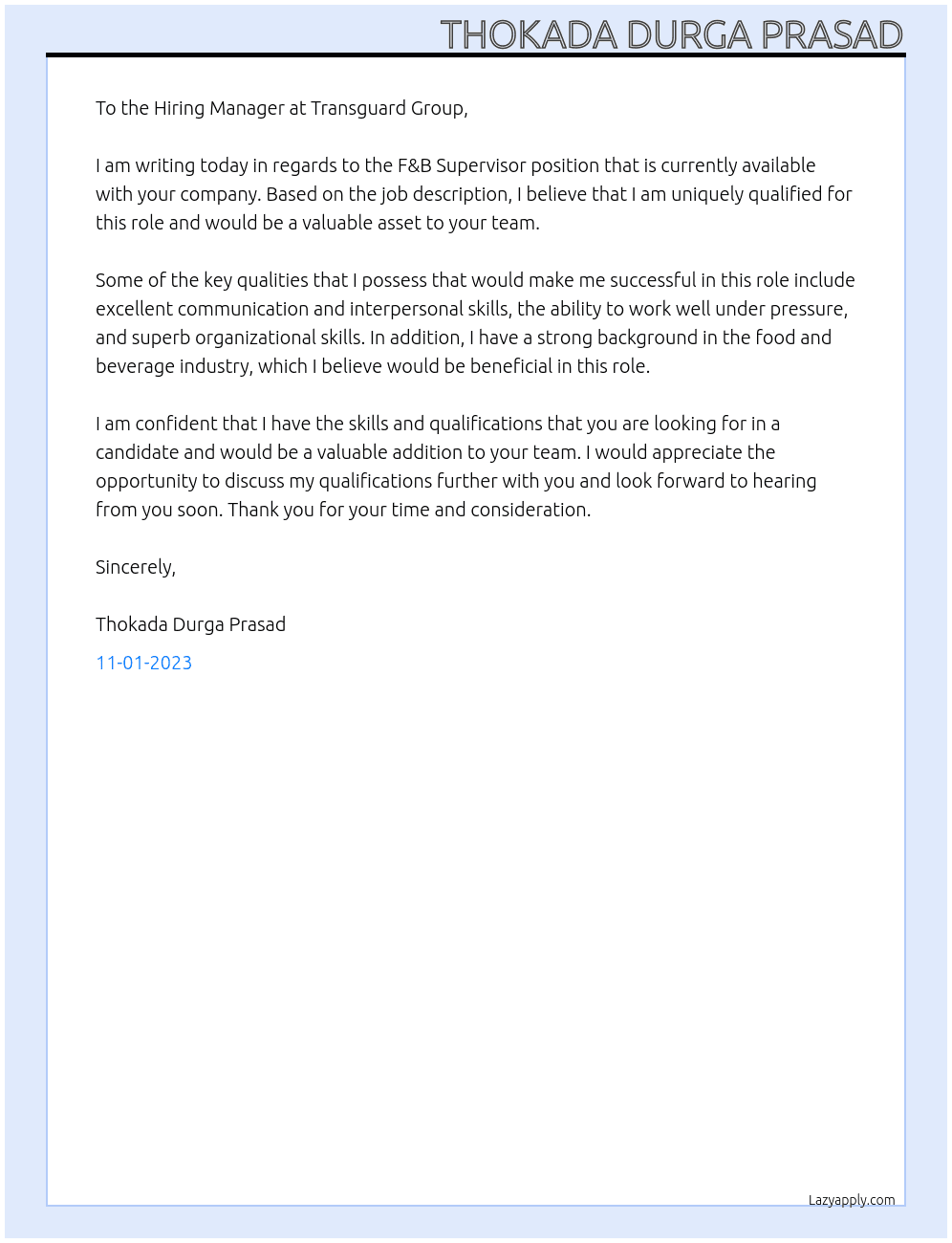 F&B Superviso At Transguard Group Cover Letter