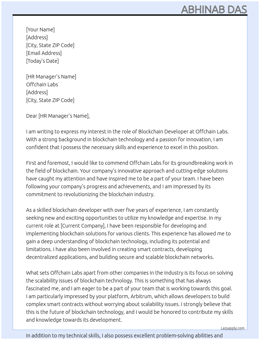 Cover letter for blockchain developer - LazyApply