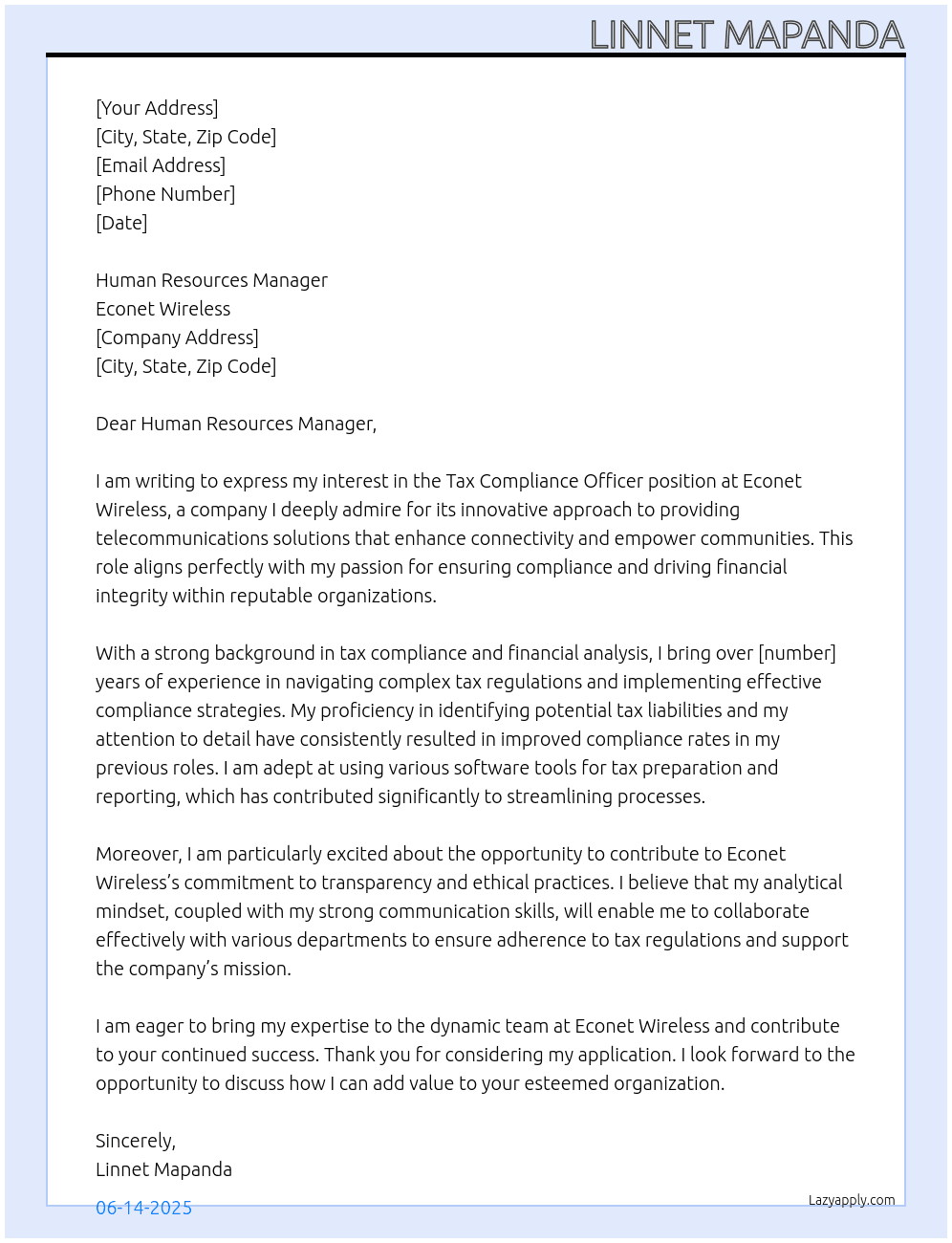 tax complaince officer At econet wireless Cover Letter