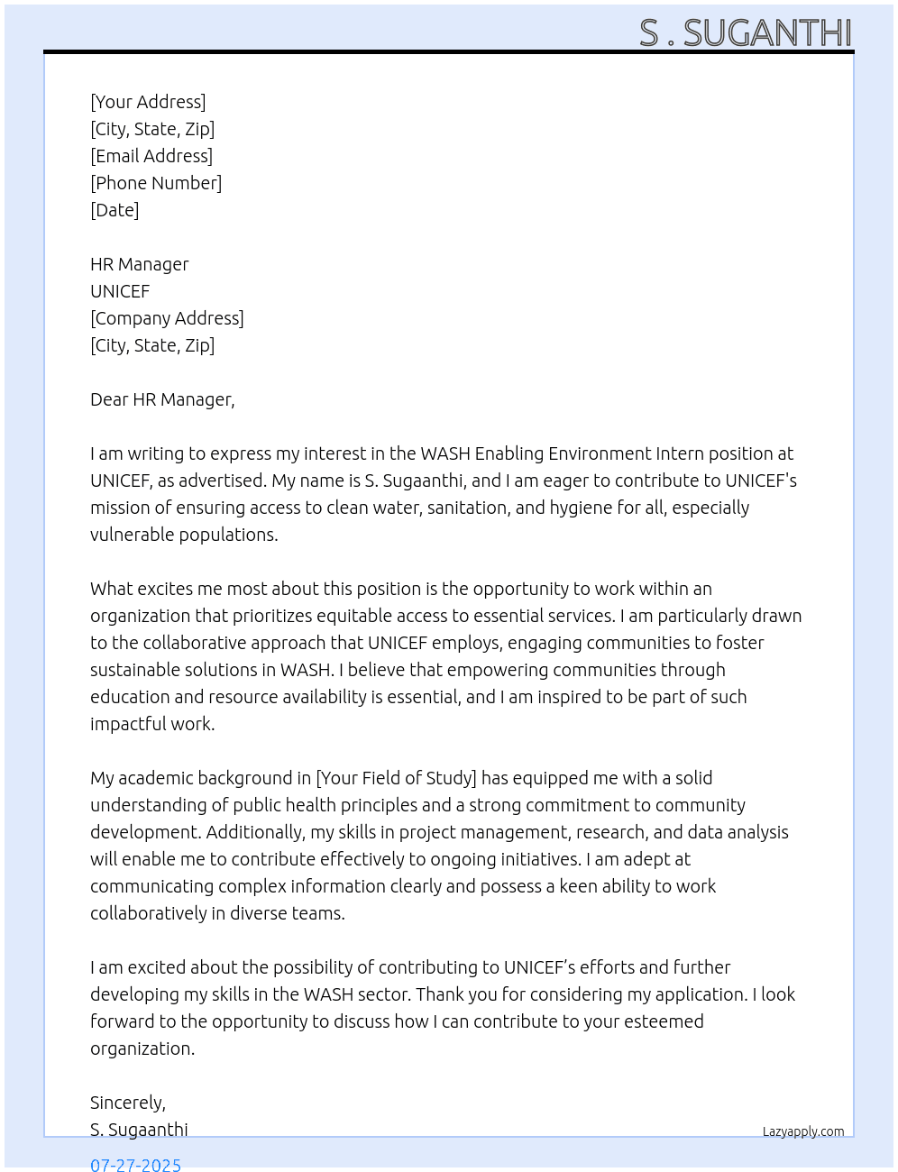 Cover letter for wash enabling environment intern - LazyApply