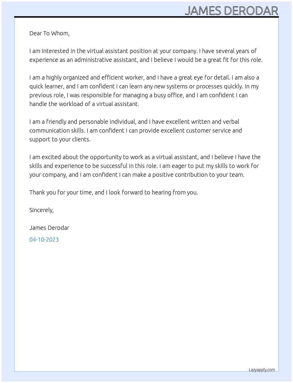 Virtual Assistant At To Whom Cover Letter