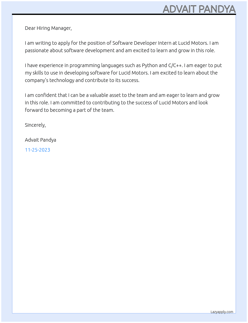 Software Developer Intern At Lucid Motors Cover Letter