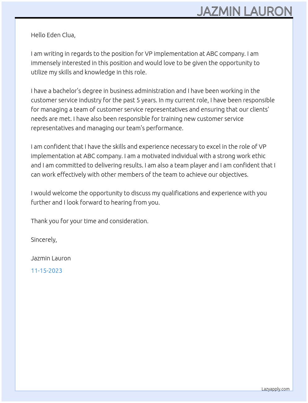 ABC Company  At VP implementation  Cover Letter