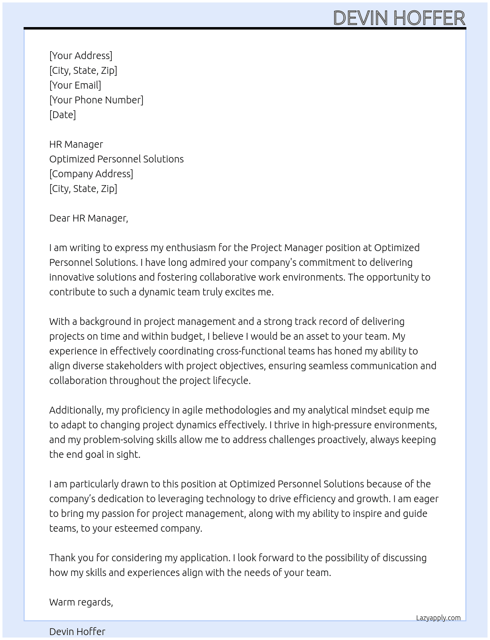 Project Manager At Optimized Personnel Solutions Cover Letter
