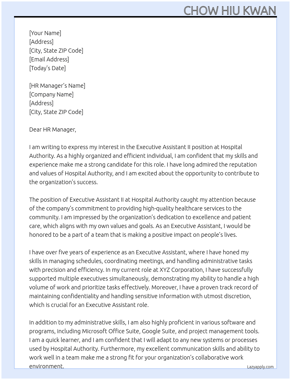 Executive Assistant II At Hospital Authority Cover Letter