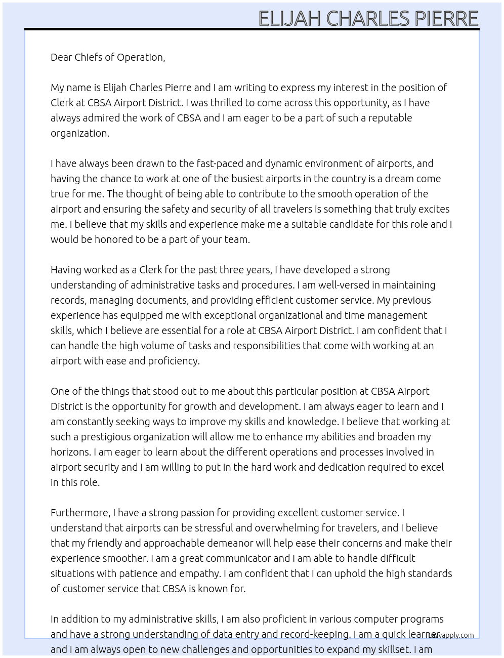 Clerk At CBSA Airport District Cover Letter