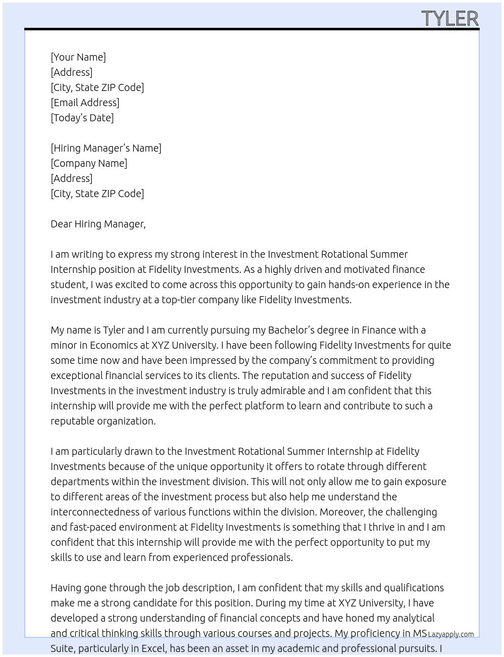 Investment Rotational Summer Internship At Fidelity Investments Cover Letter