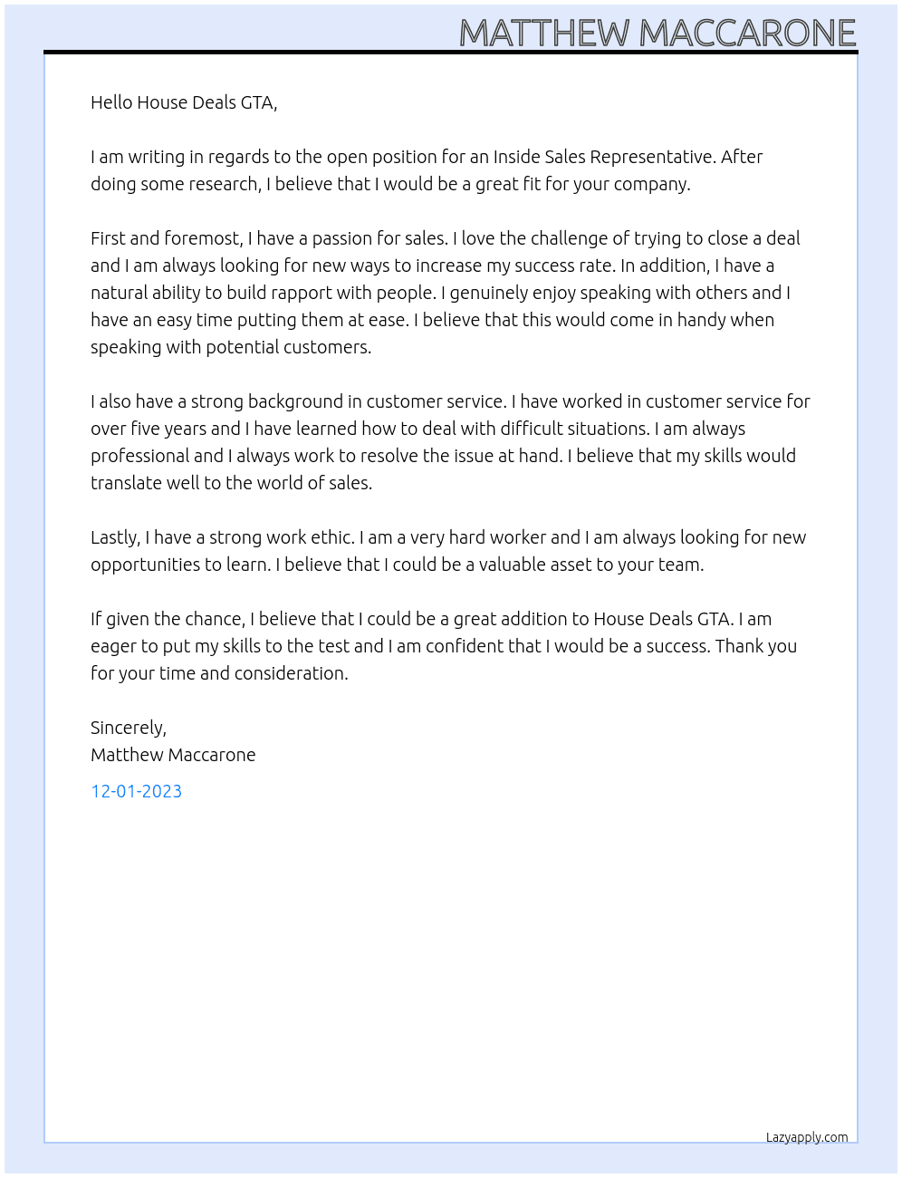 Inside Sales Representative  At House Deals GTA  Cover Letter