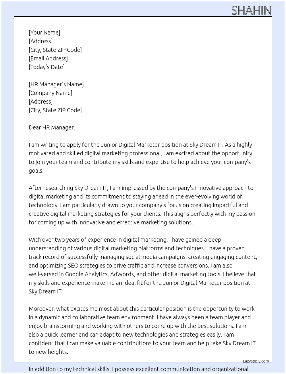 Junior Digital Marketer At Sky Dream IT Cover Letter