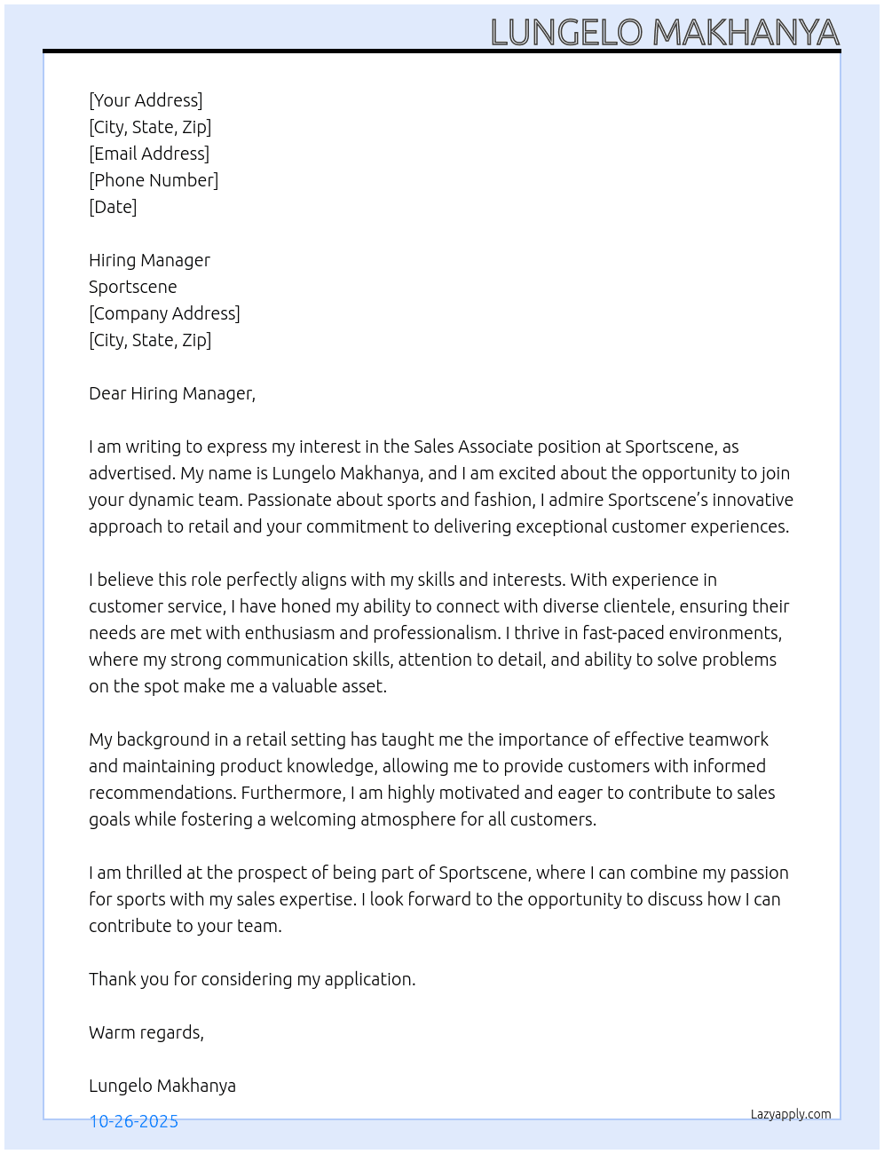 Sales associate  At Sportscene Cover Letter