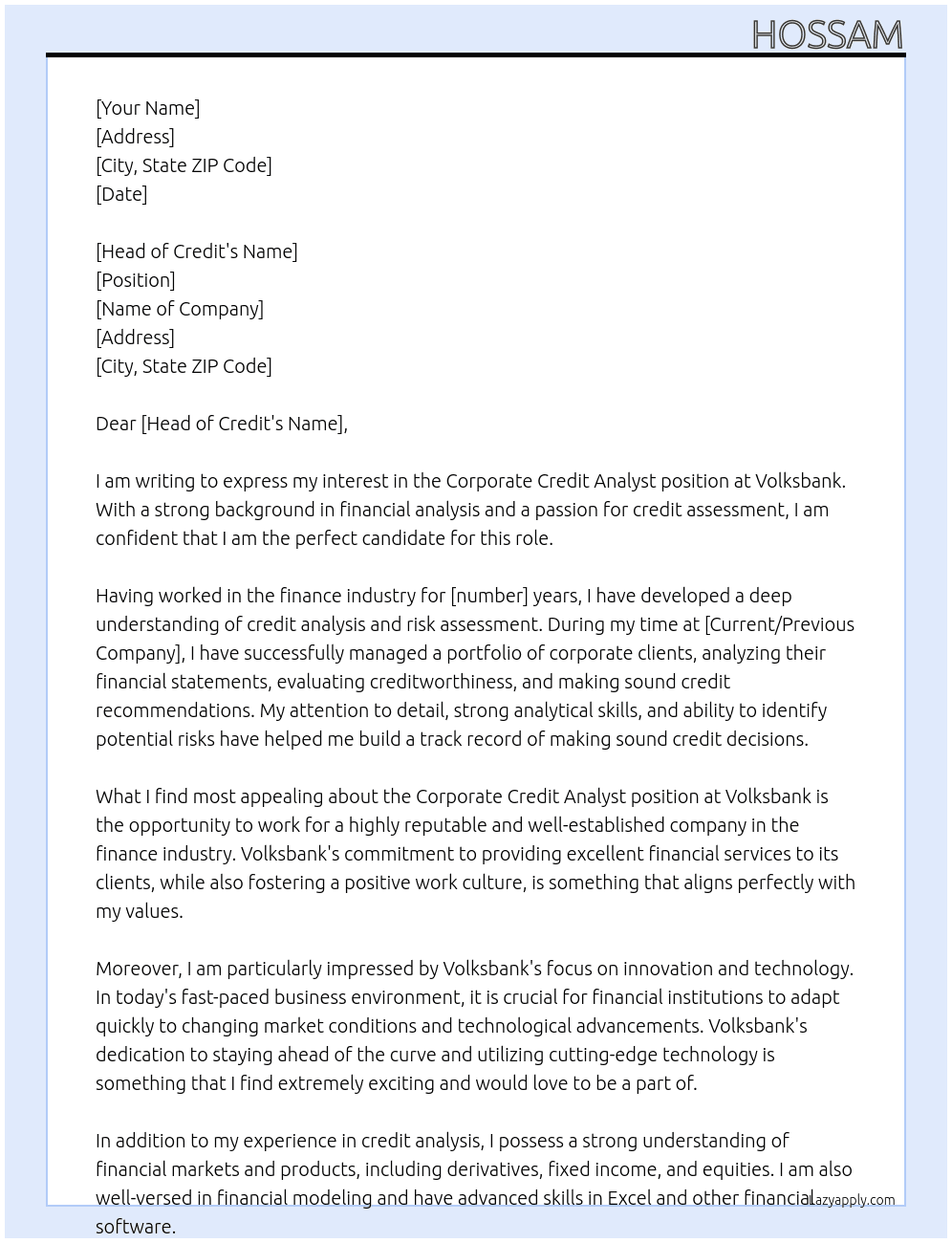 Corporate Credit Analyst At VolkesBank Cover Letter