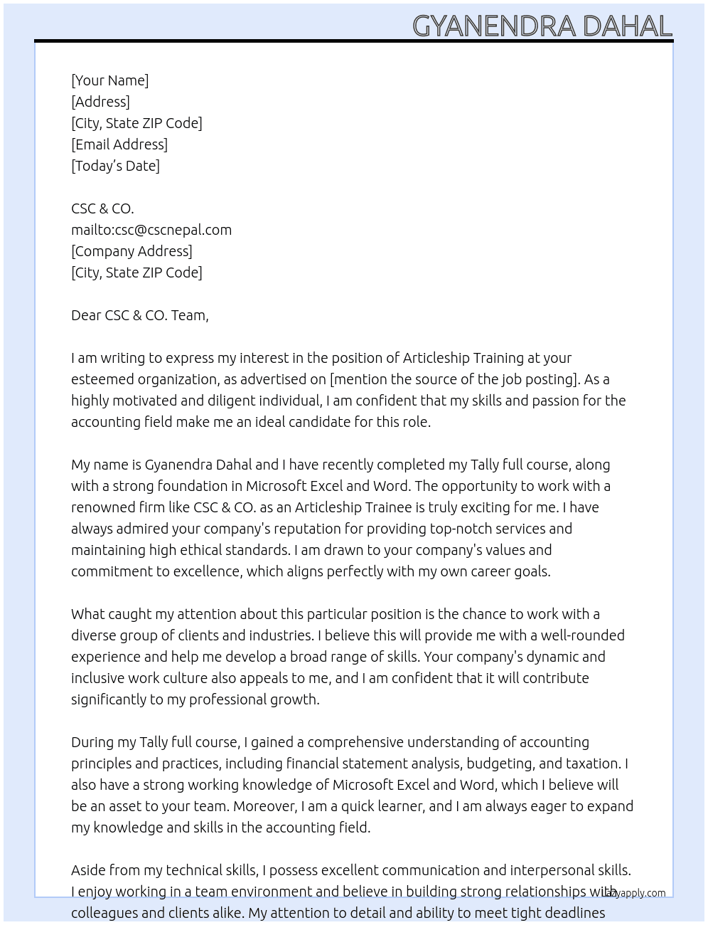 Application for Articleship Training At mailto:csc@cscnepal.com Cover Letter