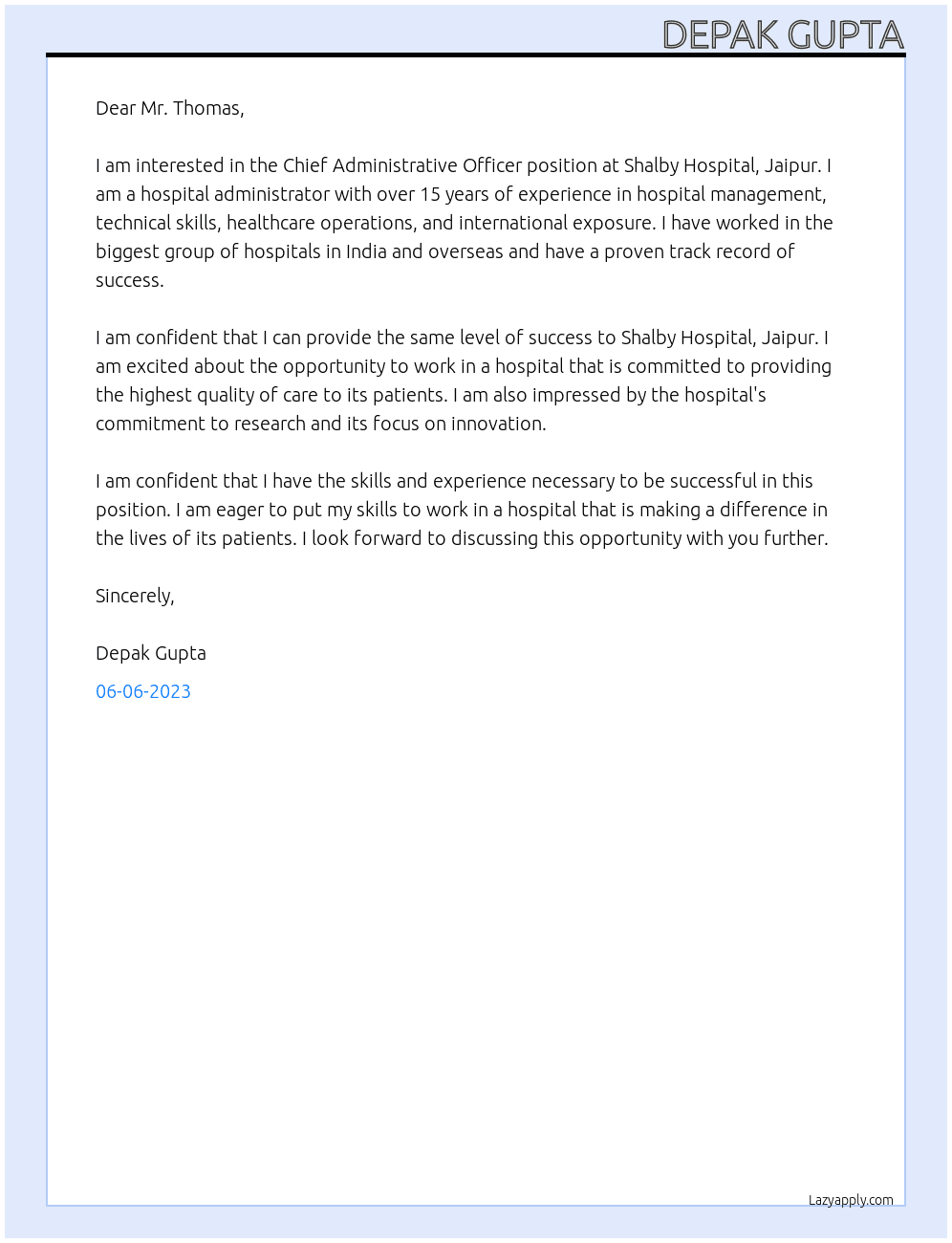 Chief Administrative Officer  At Shalby Hospital, Jaipur  Cover Letter