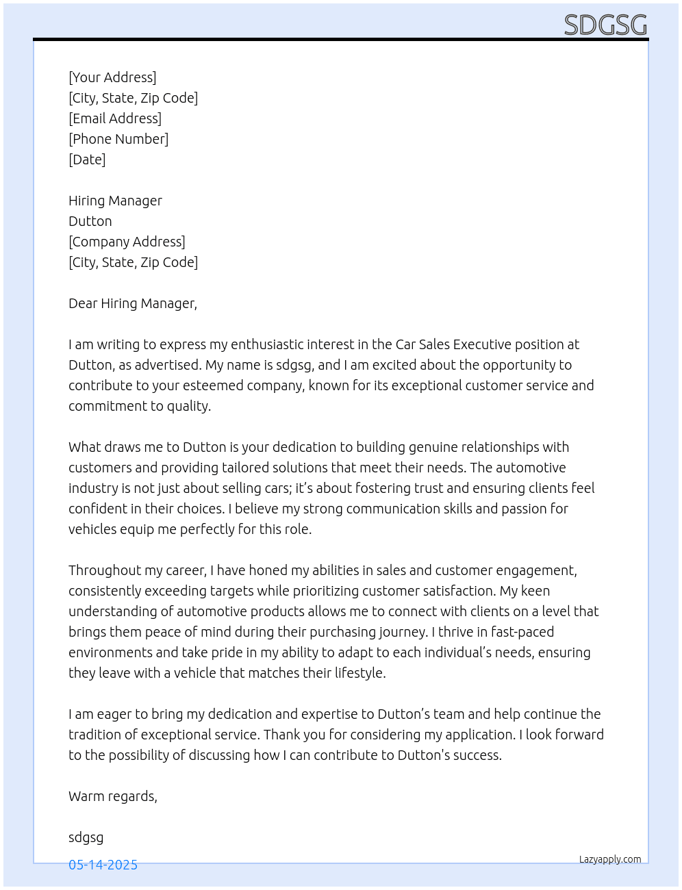Car Sales Executive   At Dutton  Cover Letter