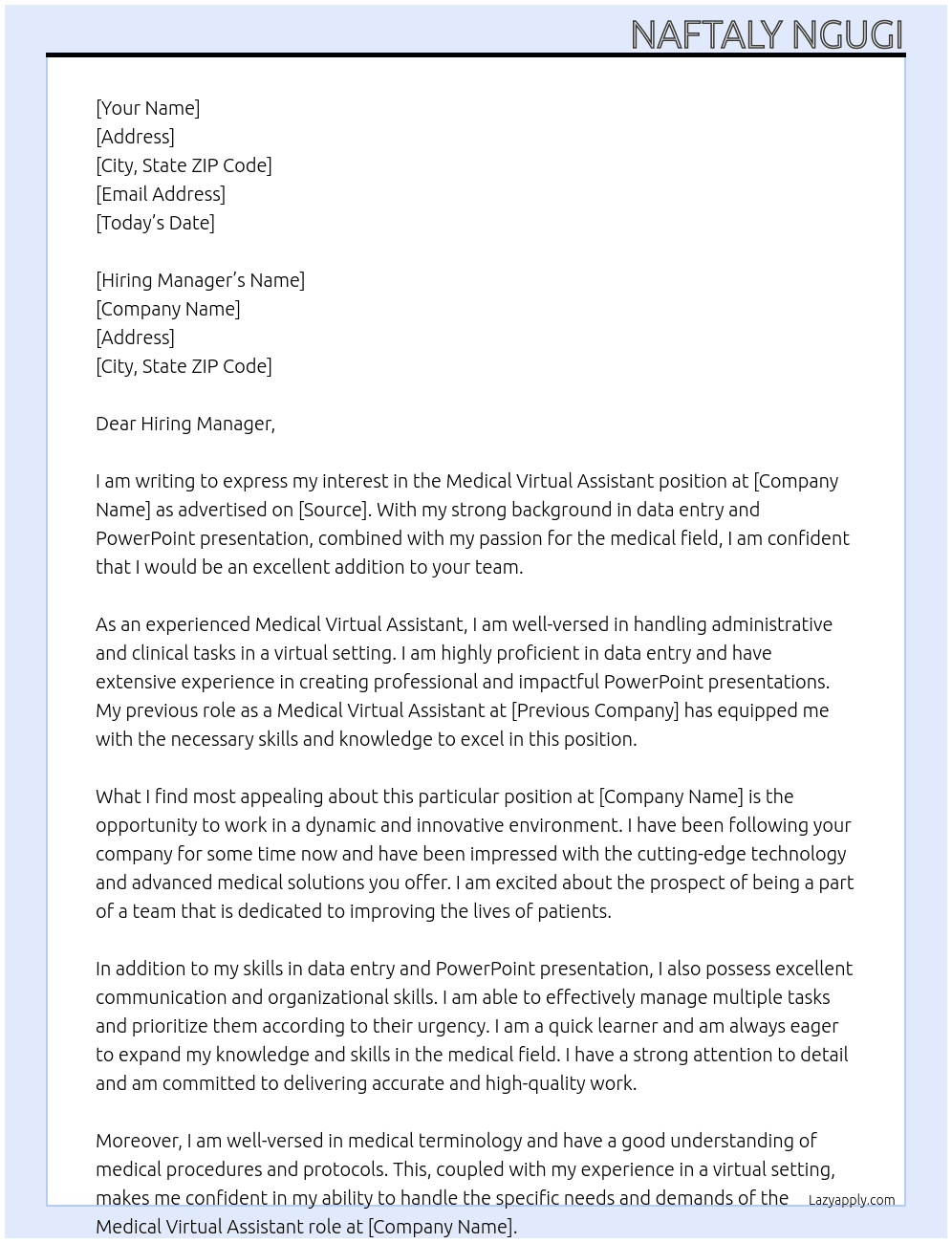Medical virtual assistant At institution Cover Letter