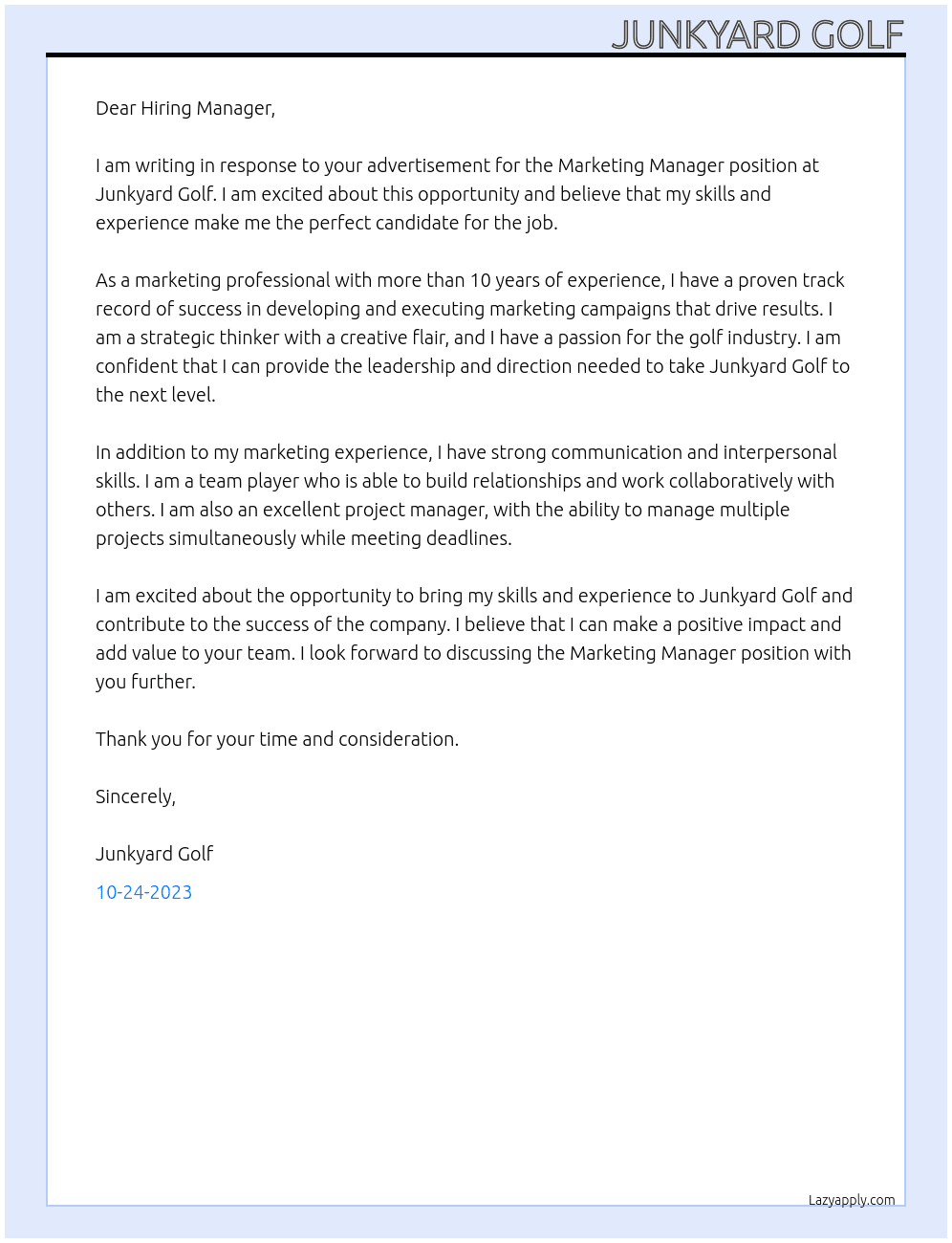 Marketing Manager At Junkyard Golf Cover Letter