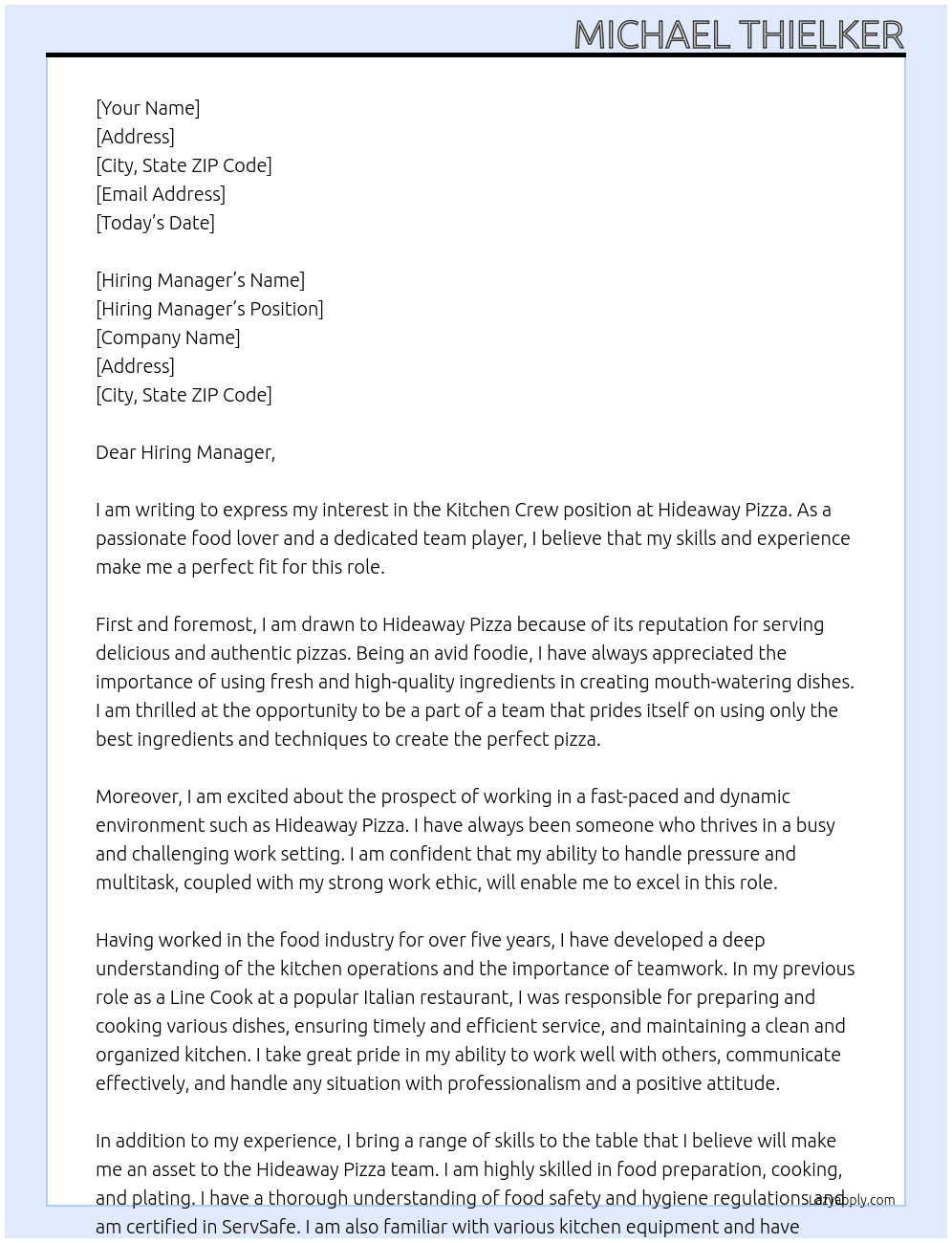 Kitchen Crew At Hideaway Pizza Cover Letter