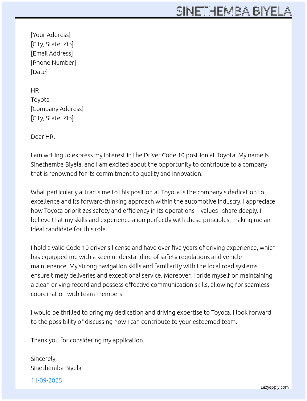 Driver code 10 At Toyota Cover Letter