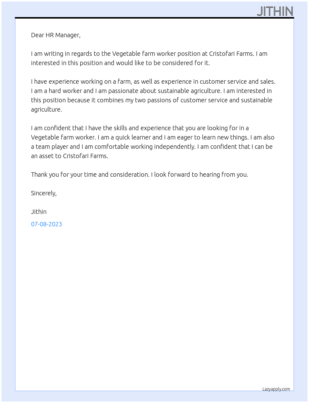 Vegetable farm worker At Cristofari Farms Cover Letter