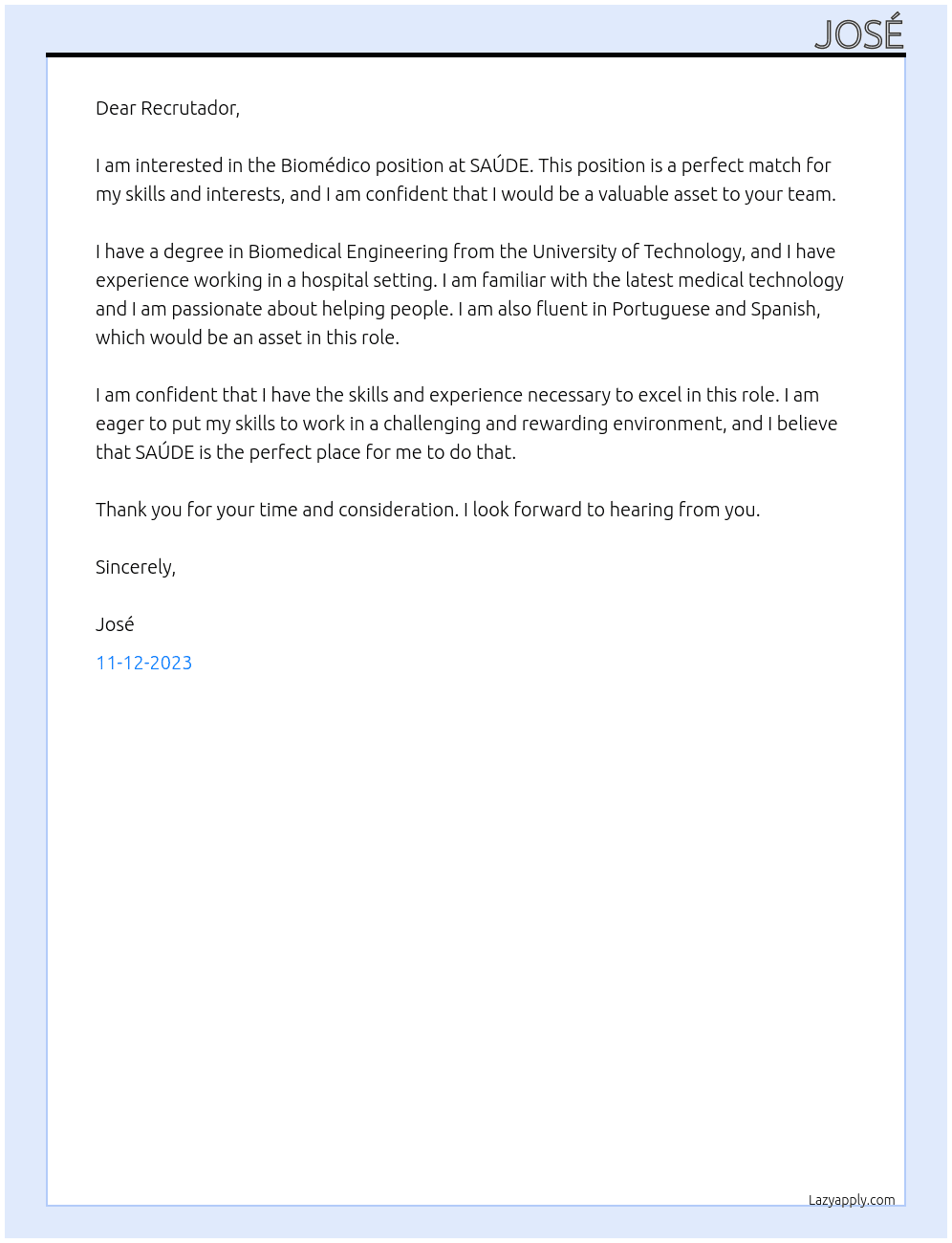 Biomédico At SAÚDE Cover Letter