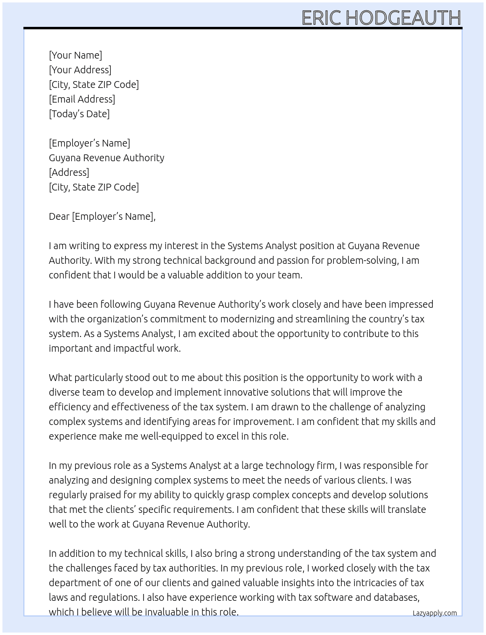 Systems Analyst  At Guyana Revenue Authority Cover Letter