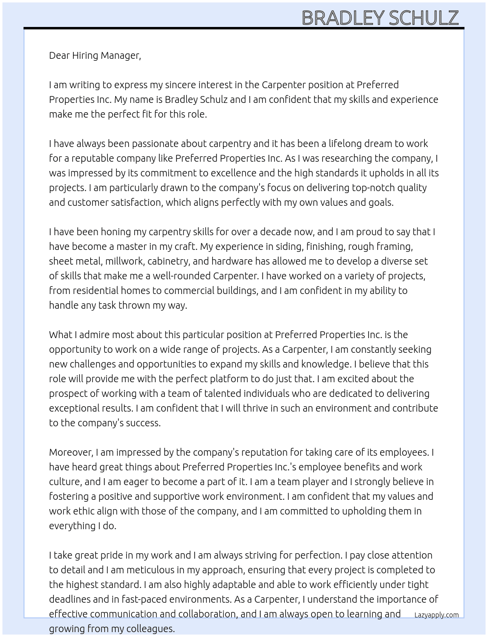 Carpenter  At Preferred Properties Inc Cover Letter