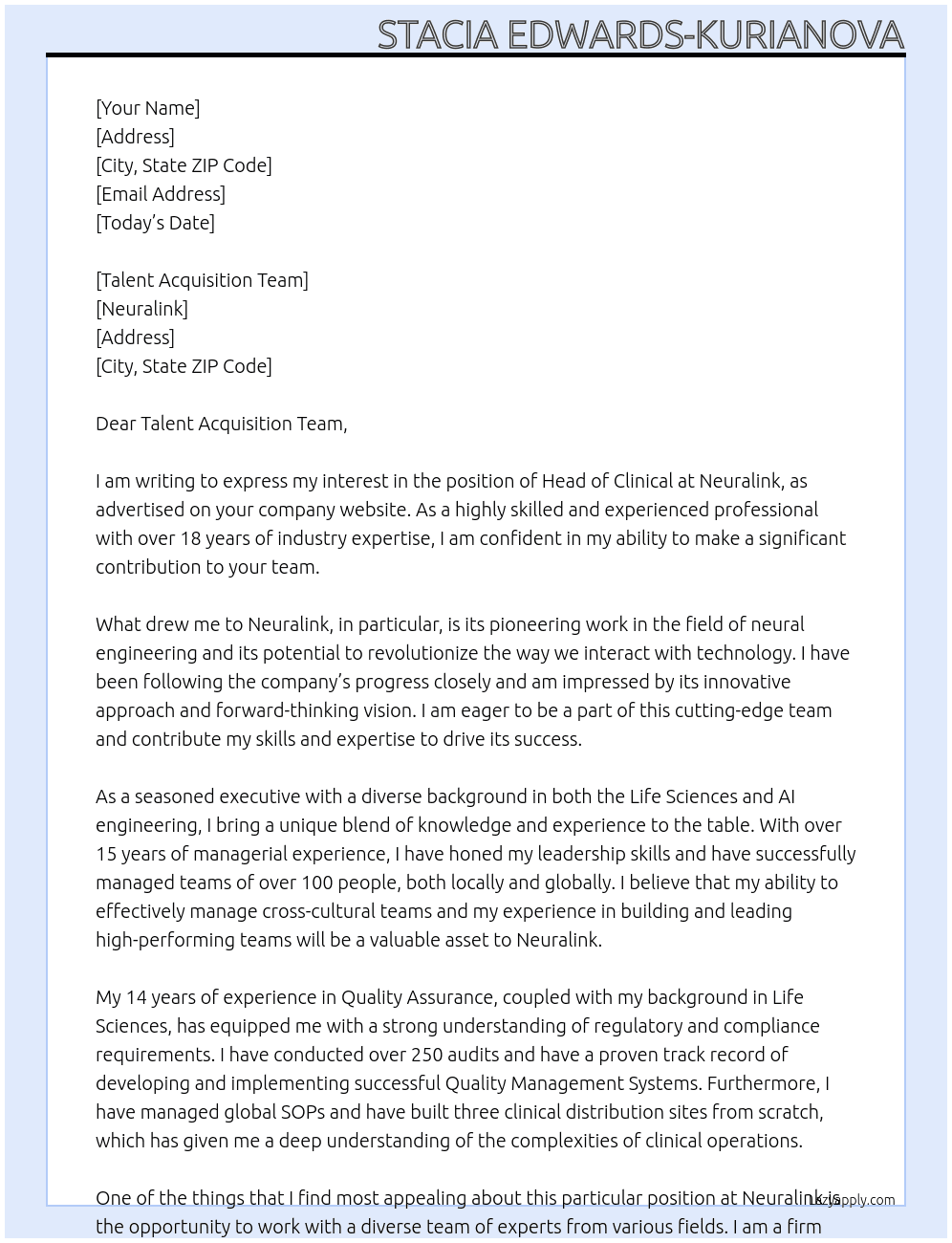 Head of Clinical  At Neuralink Cover Letter