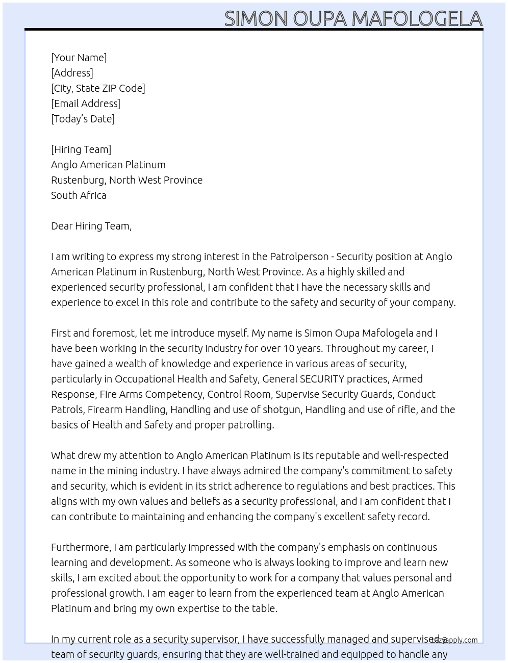 Patrolperson - Security At Anglo American Platinum - Rustenburg Cover Letter