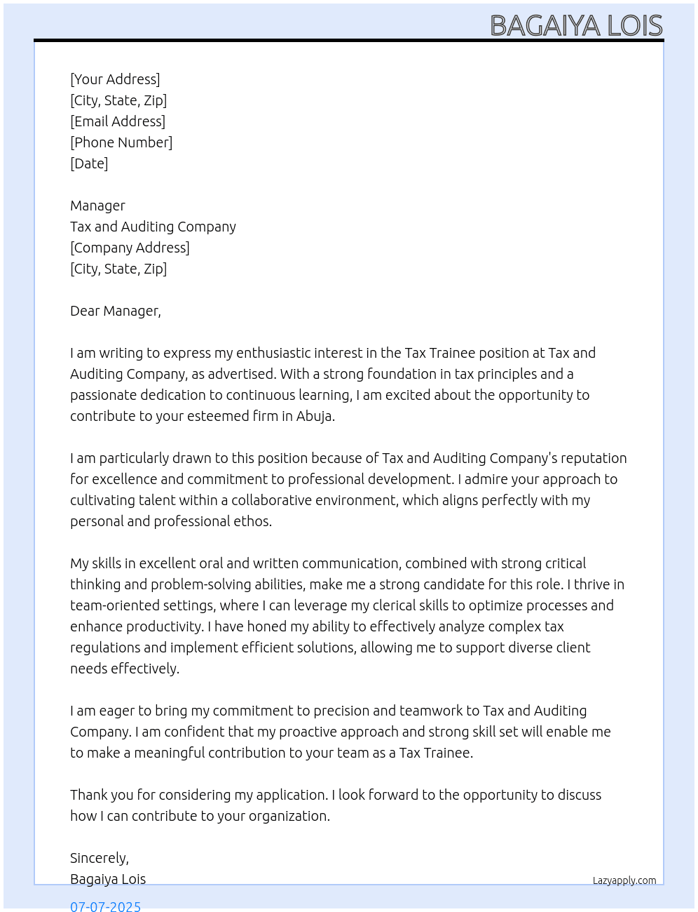 TAX TRAINEE POSITION At TAX AND AUDITING COMPANY Cover Letter