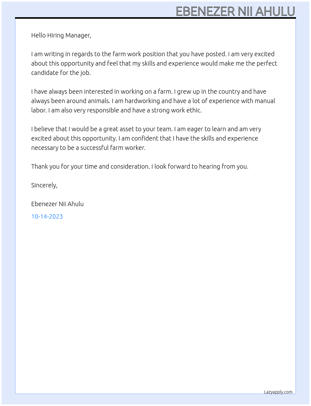 Farm work At Gobind farms Cover Letter