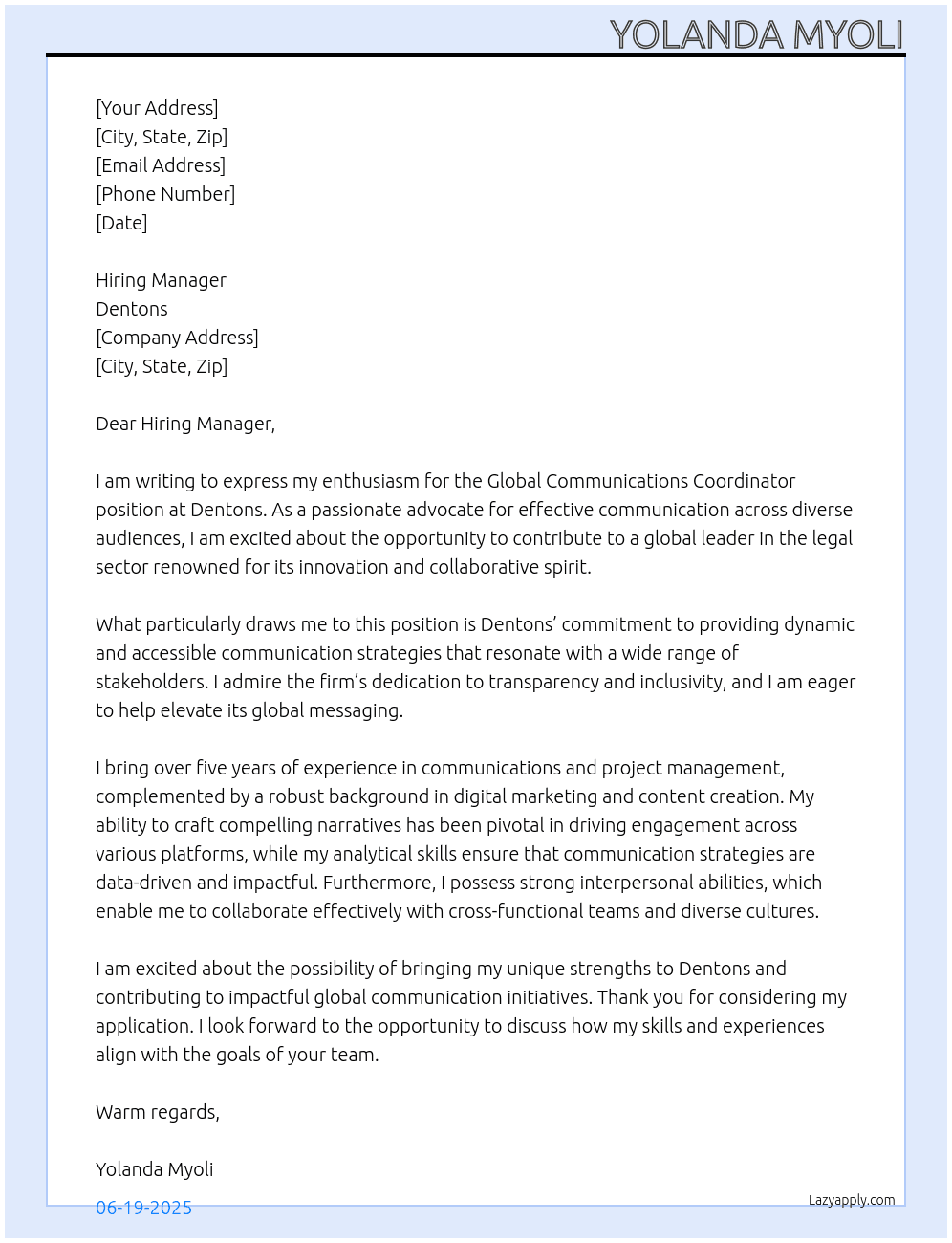 Global Communications Coordinator At Dentons Cover Letter