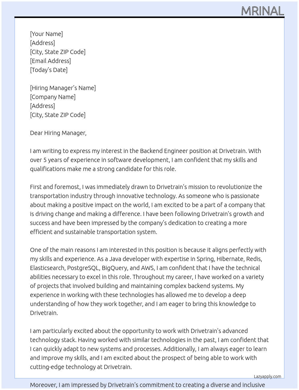 Backend Engineer At Drivetrain Cover Letter