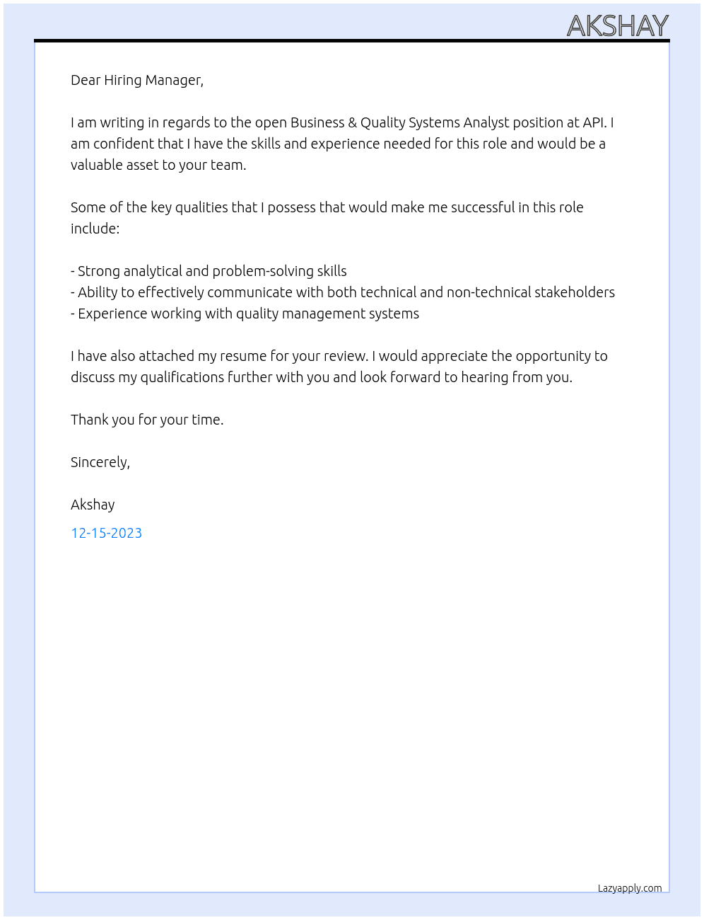 Business & Quality System Analyst At API Cover Letter
