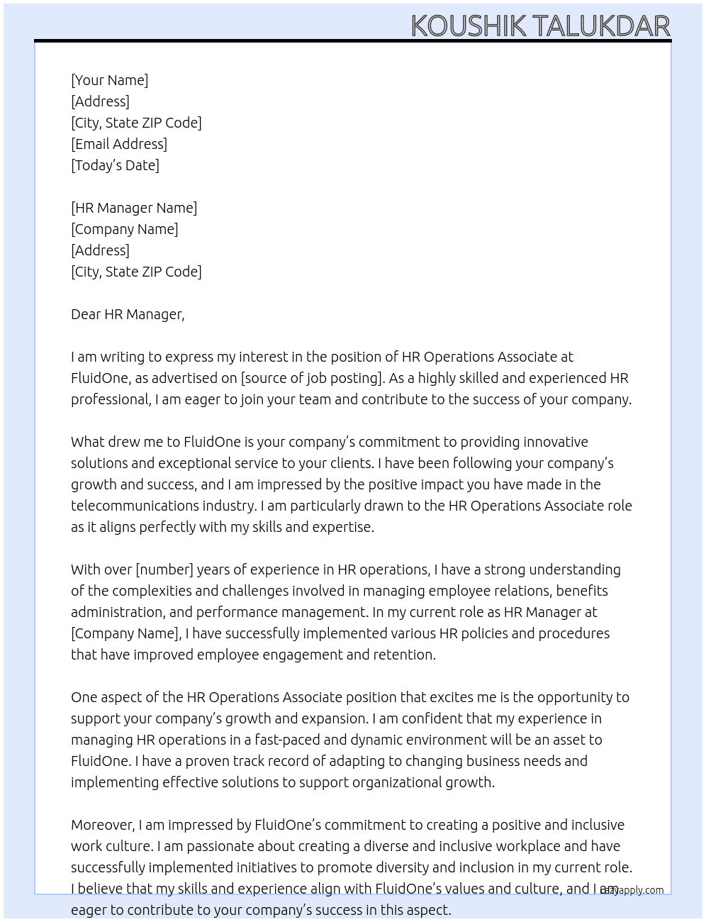 HR Operations Associate At FluidOne Cover Letter