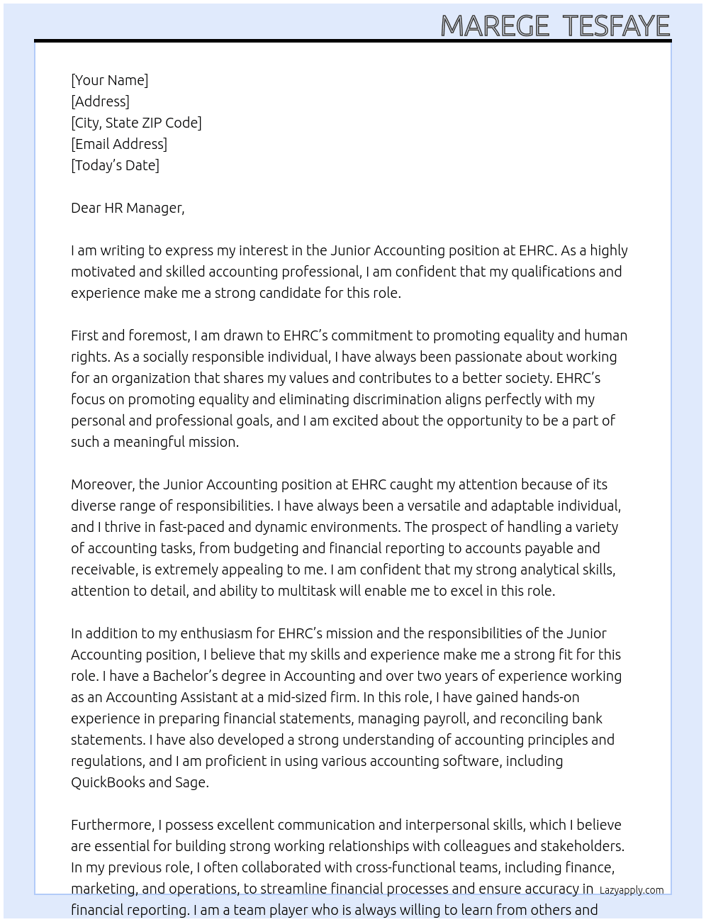 Junior accounting  At EHRC Cover Letter