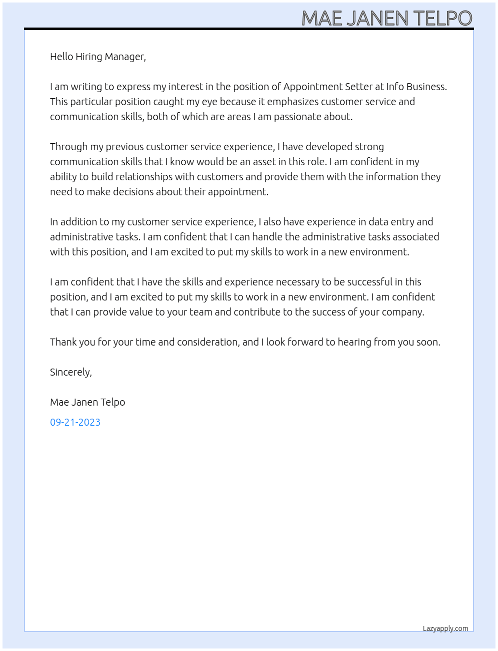 appointment setter At info business Cover Letter