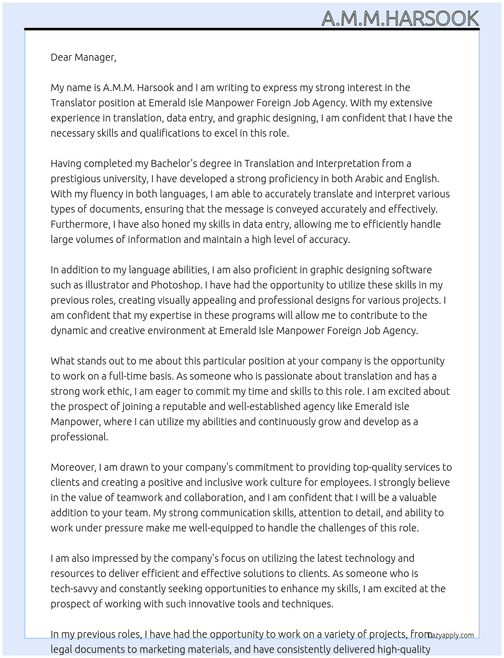Translator  At Emerald Isle Manpower Foreign Job Agency Cover Letter