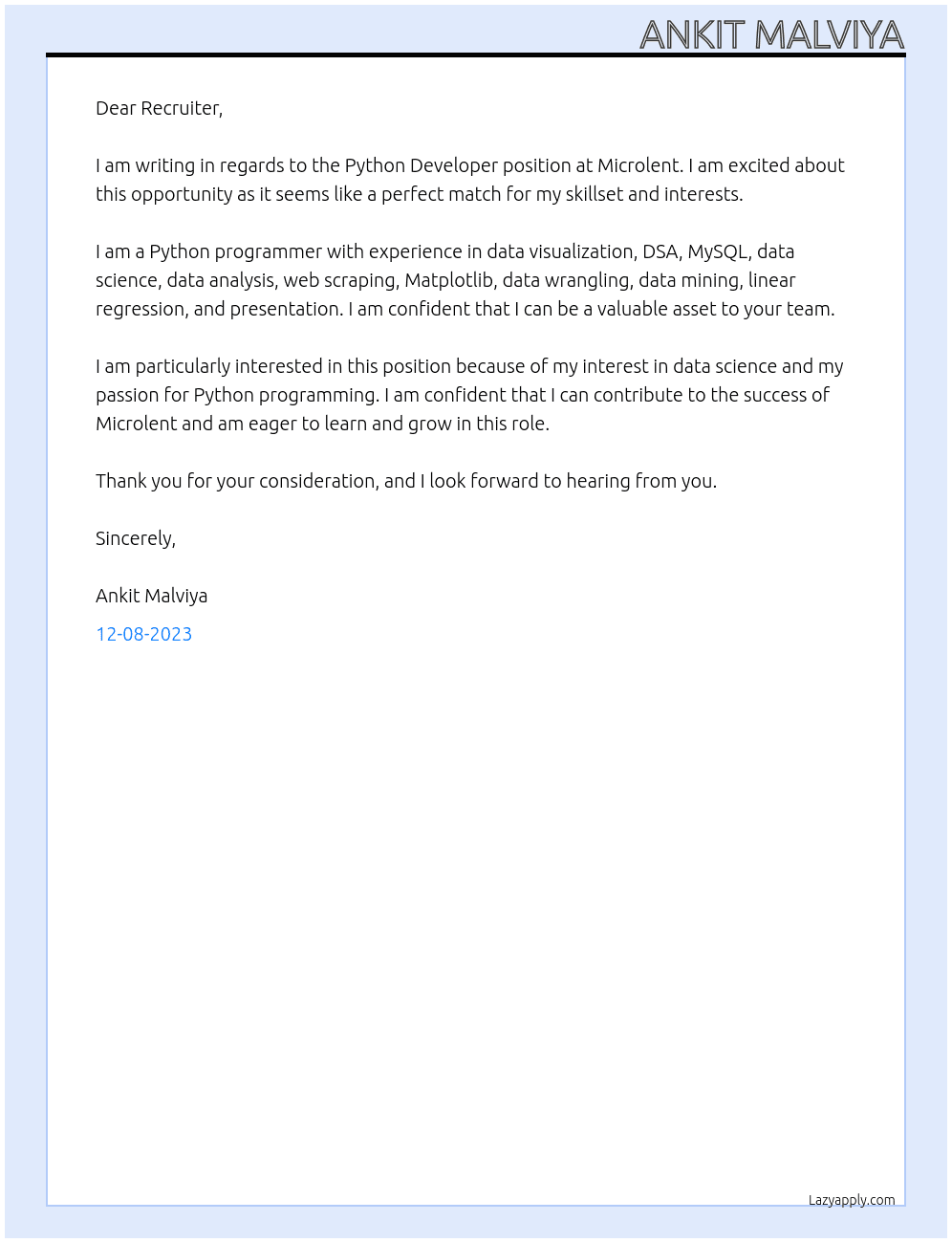 Python Developer At Microlent Cover Letter