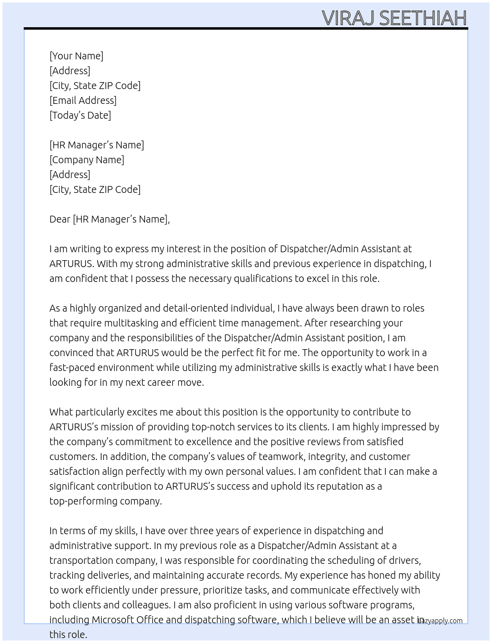 Dispatcher / Admin Assistant At ARTURUS Cover Letter