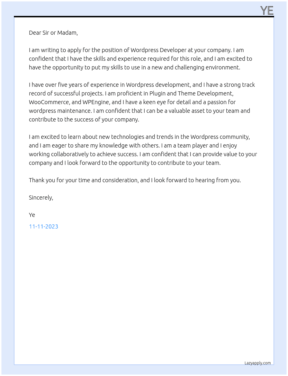 Wordpress Developer At Wordpress Developer Cover Letter