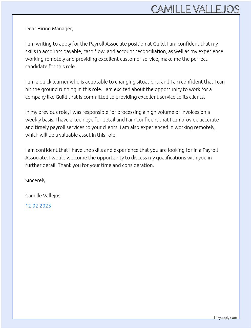 Payroll Associate At Guild Cover Letter