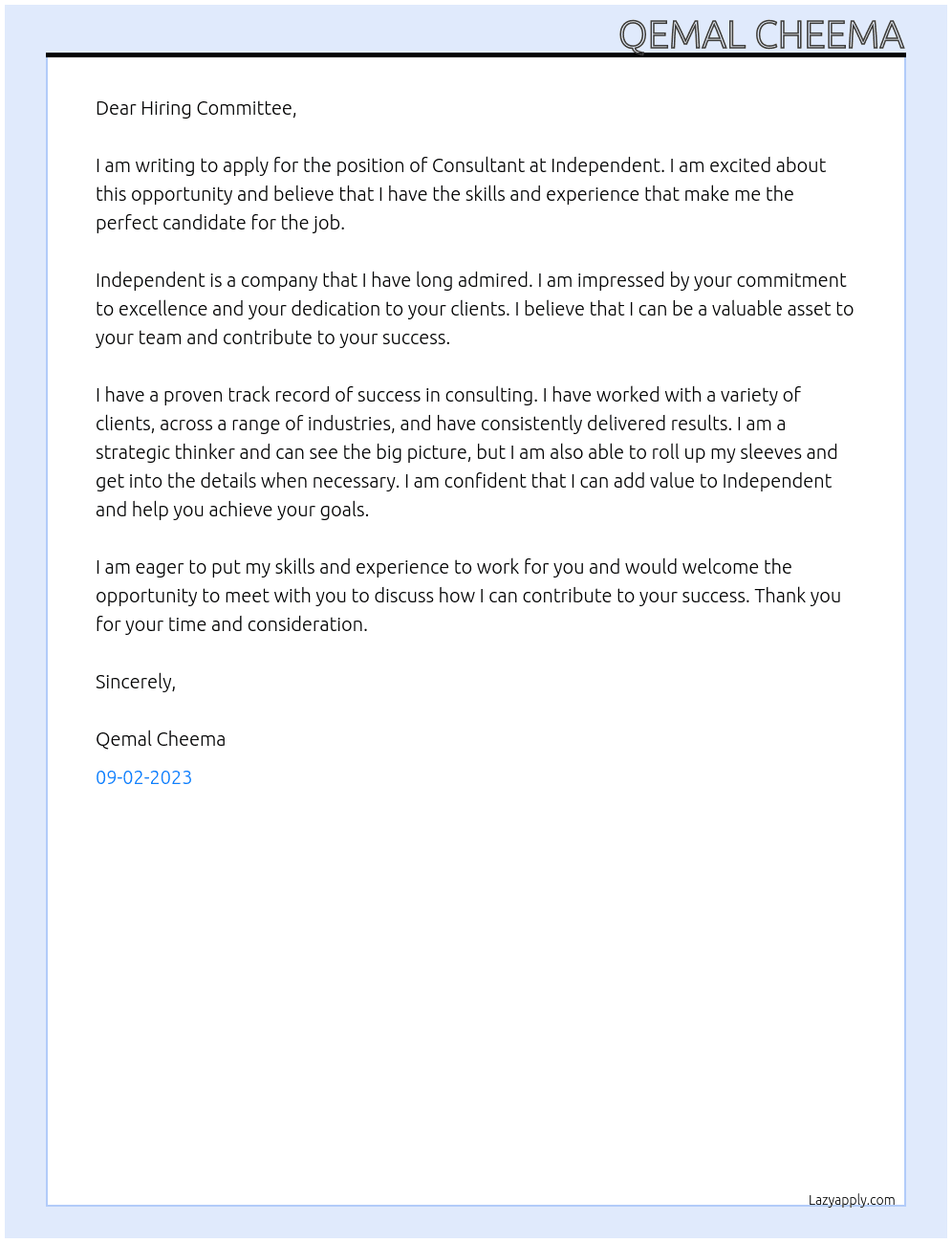 Consultant At Independent  Cover Letter