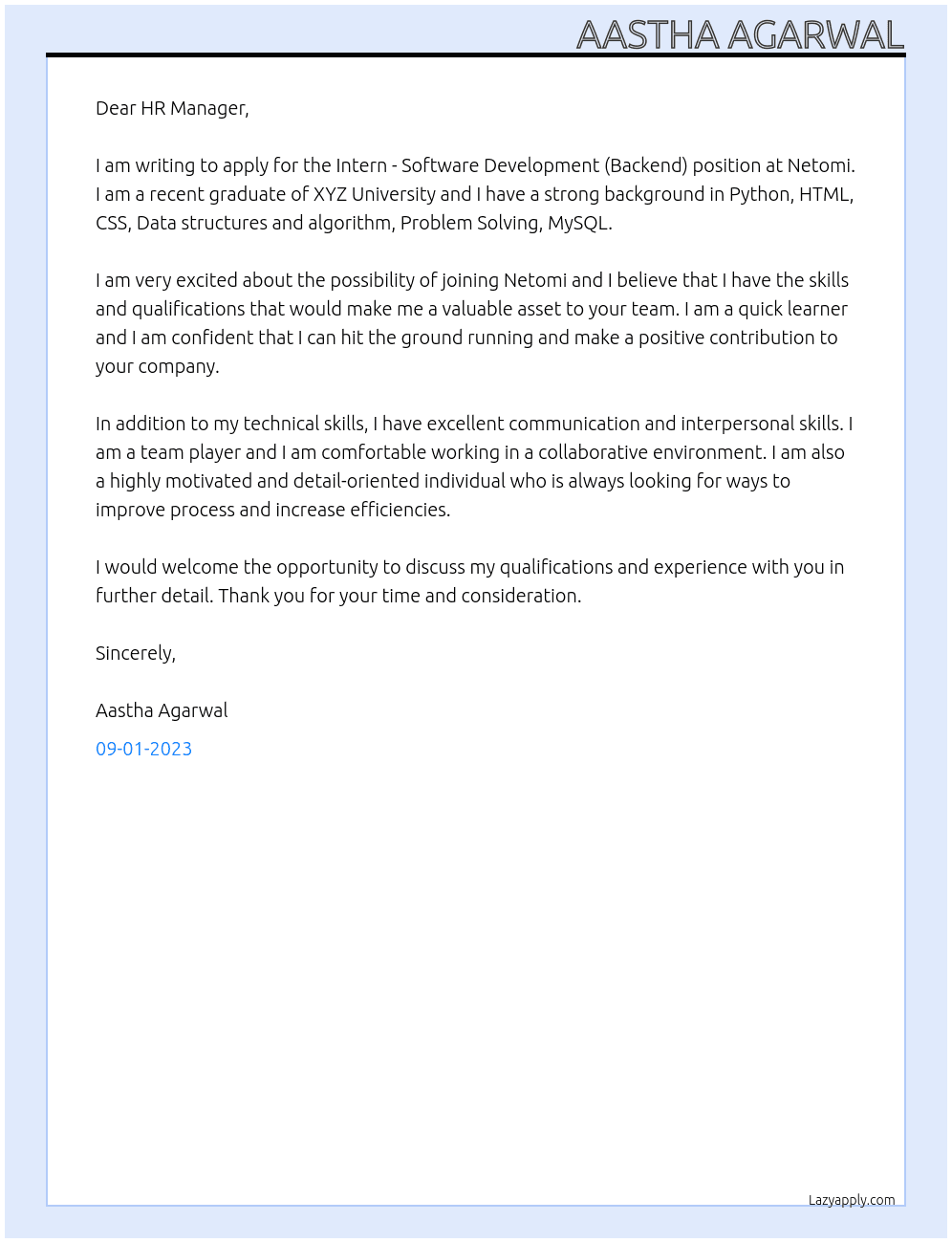 Intern - Software Development (Backend) At Netomi  Cover Letter