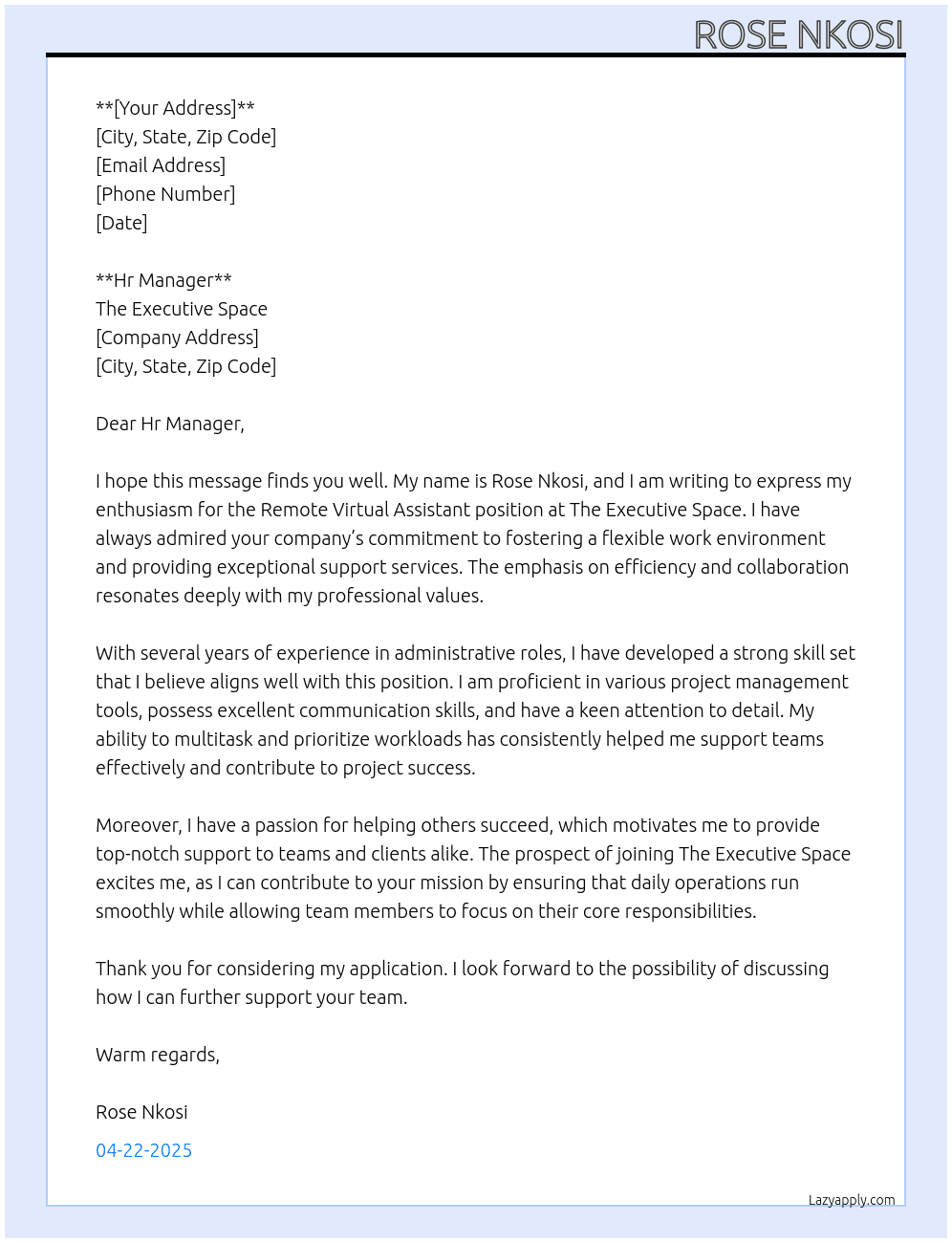 Remote Virtual Assistant At The Executive Space Cover Letter