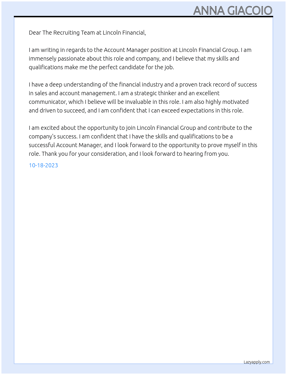 Account Manager At Lincoln Financial Group Cover Letter
