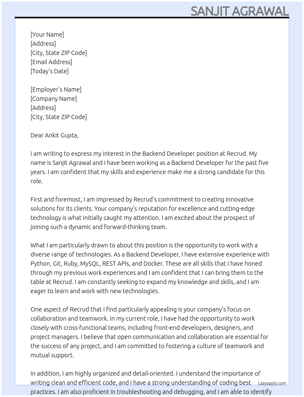 Backend Developer At Recrud Cover Letter