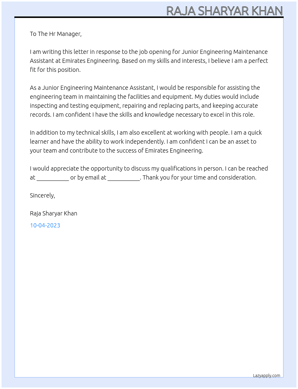 JUNIOR ENGINEERING MAINTENANCE ASSISTANT At Emirates Engineering  Cover Letter