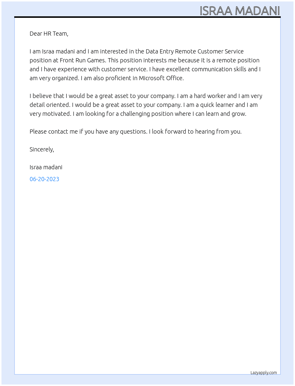 Data Entry Remote Customer Service At Front Run Games Cover Letter