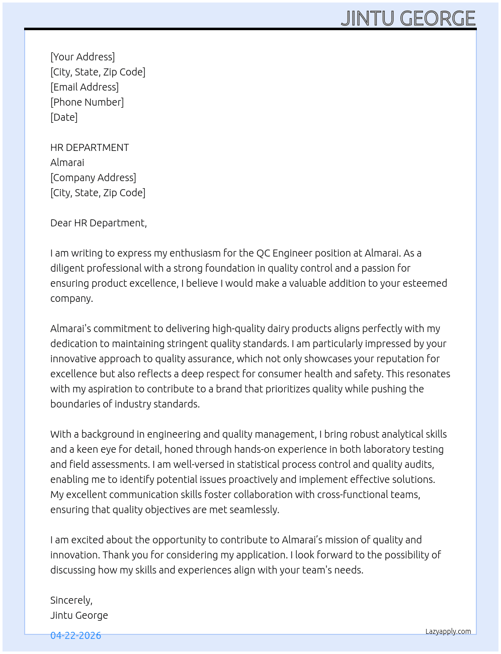 QC ENGINEER At ALMARAI Cover Letter